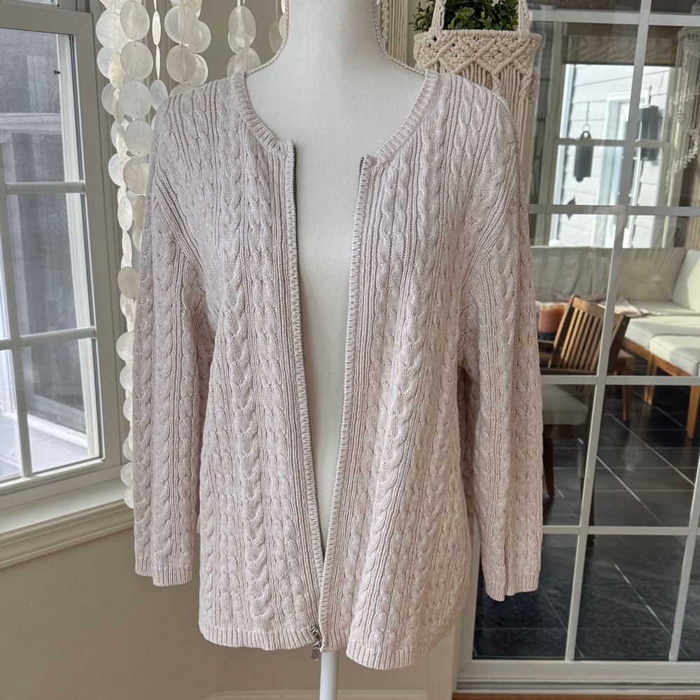 Christopher & Banks Women Cream 100% Cotton Cable Knit Zip Up Cardigan Sweater L